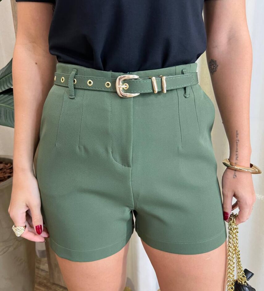 Short Feminino Alfaiataria Mabel com Bolsos e Cinto Verde - Fernanda Ramos Store