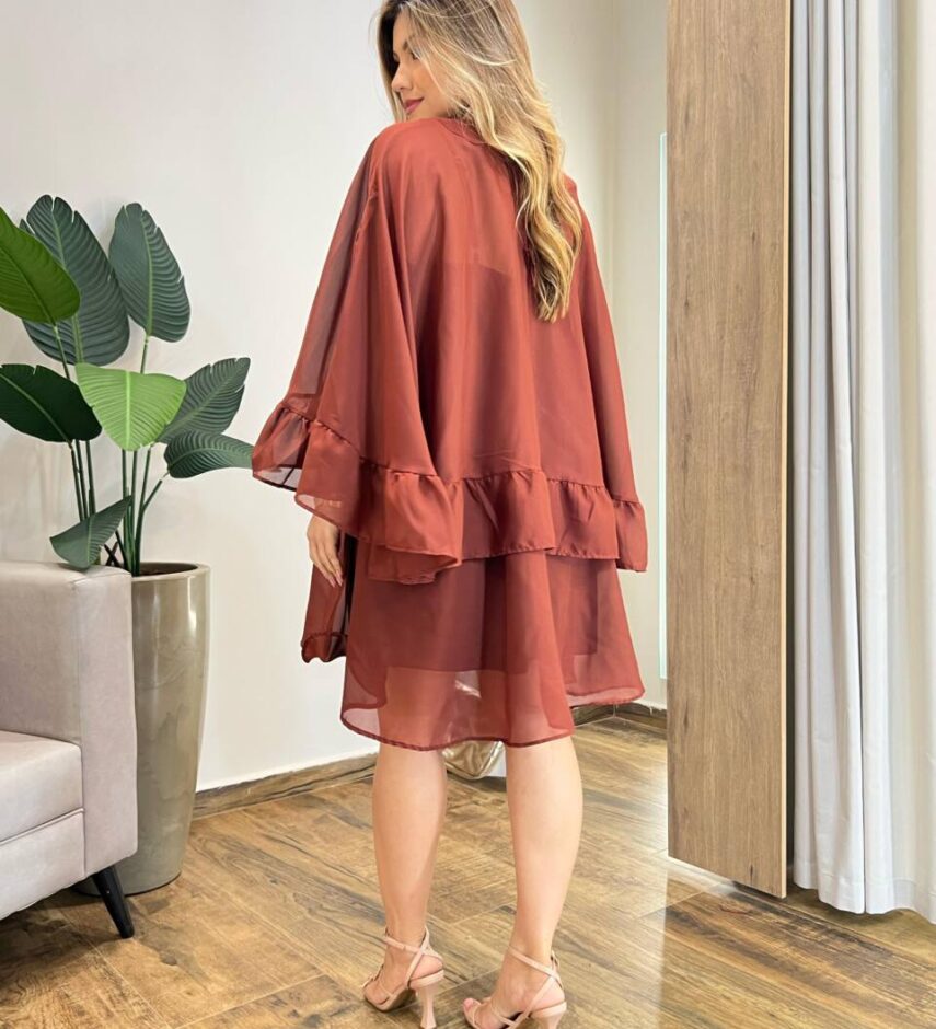 Vestido Feminino Curto Boho sem Bojo e Bata com Babado Marrom - Fernanda Ramos Store