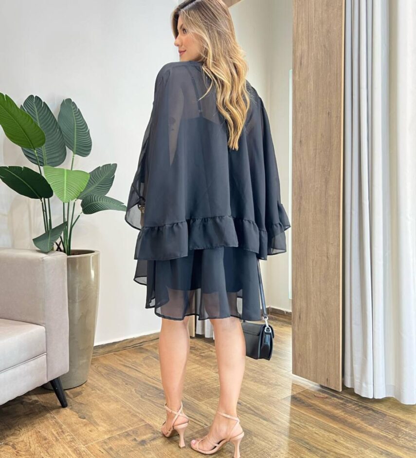 Vestido Feminino Curto Boho sem Bojo e Bata com Babado Preto - Fernanda Ramos Store