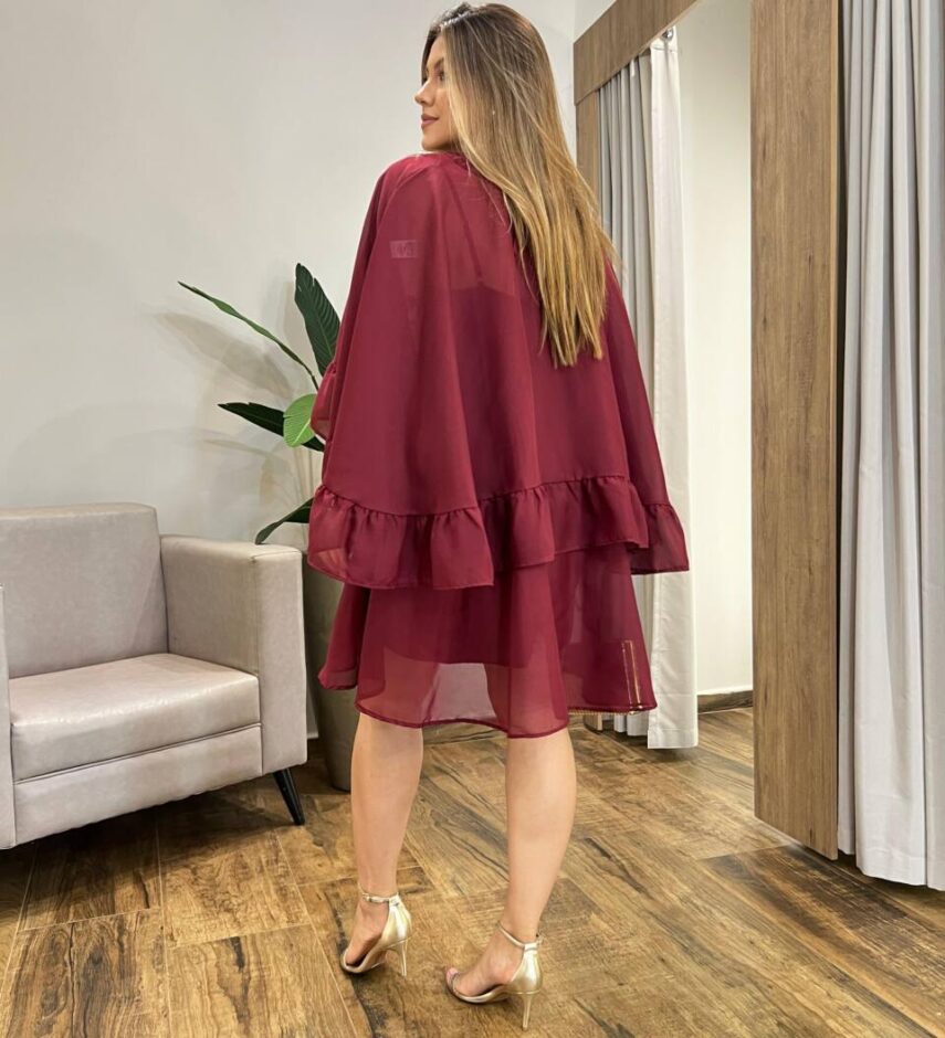 Vestido Feminino Curto Boho sem Bojo e Bata com Babado Vinho - Fernanda Ramos Store