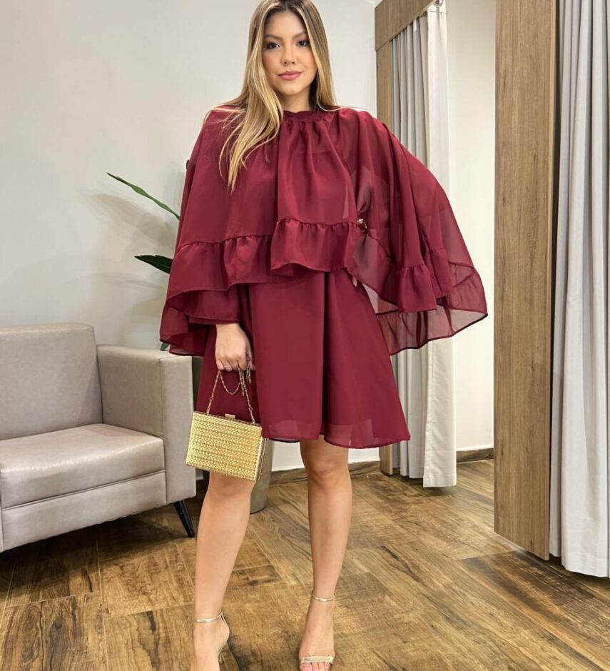 Vestido Feminino Curto Boho sem Bojo e Bata com Babado Vinho - Fernanda Ramos Store