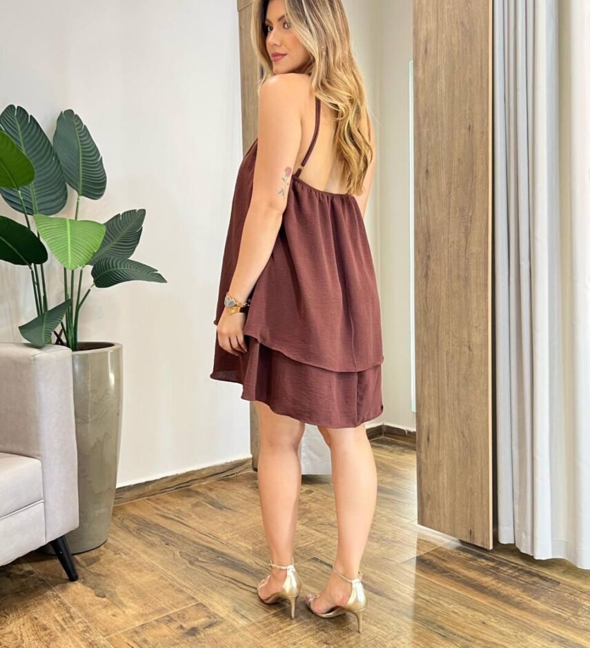 Vestido Feminino Curto sem Bojo em Camadas Marrom - Fernanda Ramos Store
