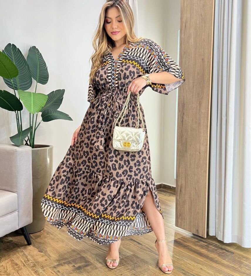 Vestido Feminino Longo Manga 3/4 sem Bojo Mix de Estampas Marrom - Fernanda Ramos Store