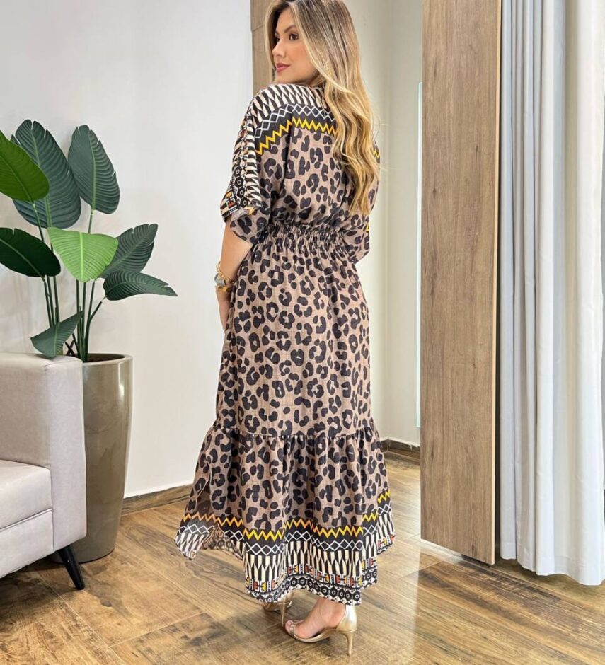 Vestido Feminino Longo Manga 3/4 sem Bojo Mix de Estampas Marrom - Fernanda Ramos Store