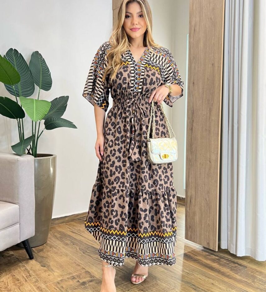 Vestido Feminino Longo Manga 3/4 sem Bojo Mix de Estampas Marrom - Fernanda Ramos Store