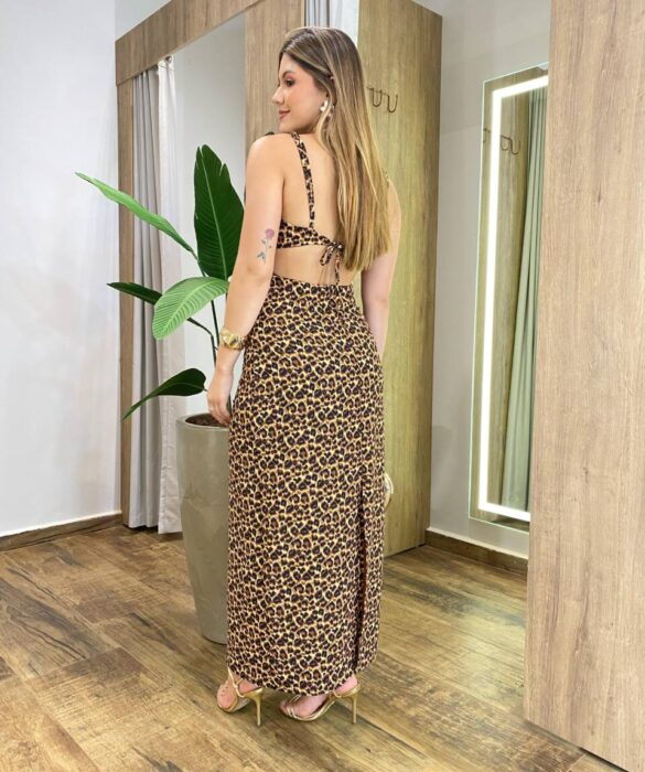 Vestido Feminino Longo Sávia sem Bojo Amarração Animal Print - Fernanda Ramos Store