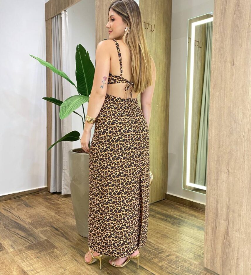 Vestido Feminino Longo Sávia sem Bojo Amarração Animal Print - Fernanda Ramos Store