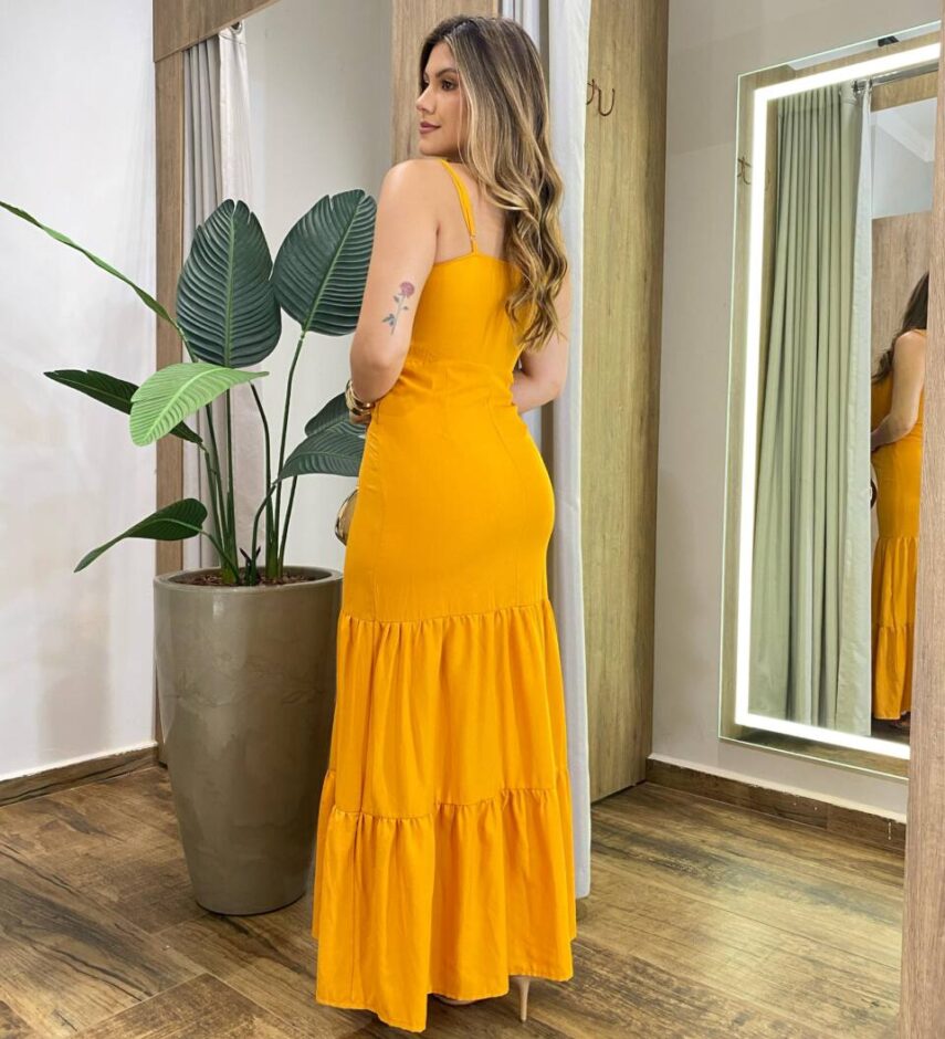 Vestido Feminino Longo sem Bojo Alça Regulável e Ziper Mostarda - Fernanda Ramos Store
