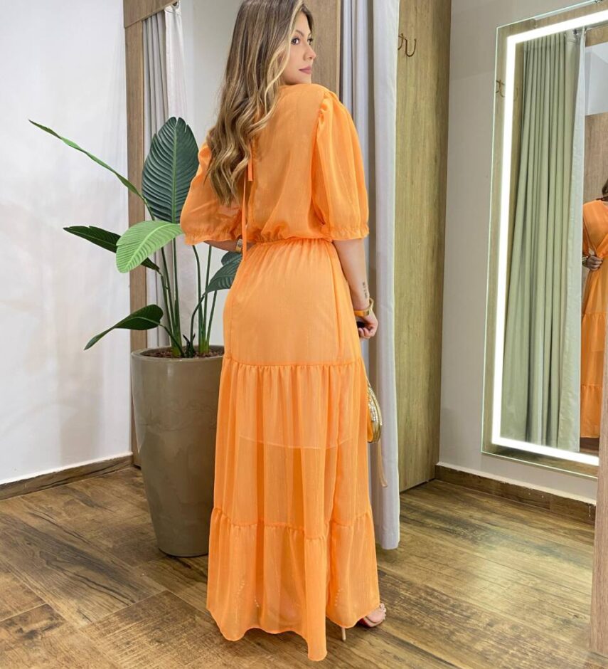 Vestido Feminino Longo sem Bojo Plus Manga Curta Brilhante Laranja - Fernanda Ramos Store