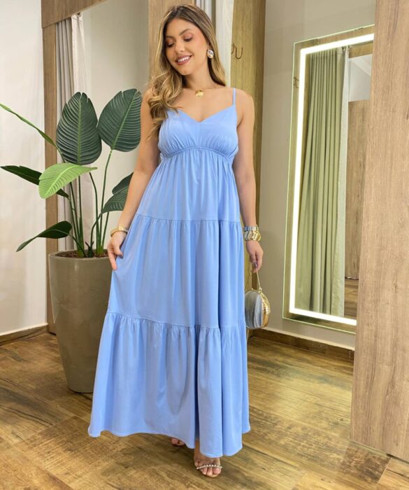 Vestido Feminino Longo Serena sem Bojo Alça Regulável Azul Claro - Fernanda Ramos Store