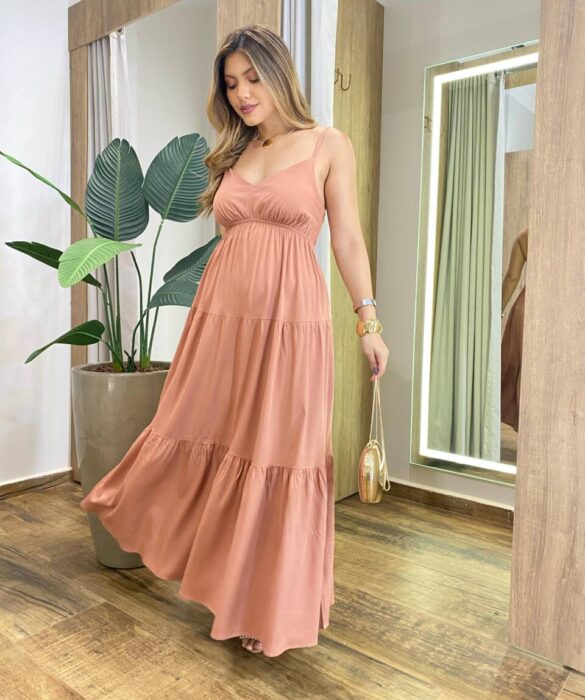 Vestido Feminino Longo Serena sem Bojo Alça Regulável Bege - Fernanda Ramos Store