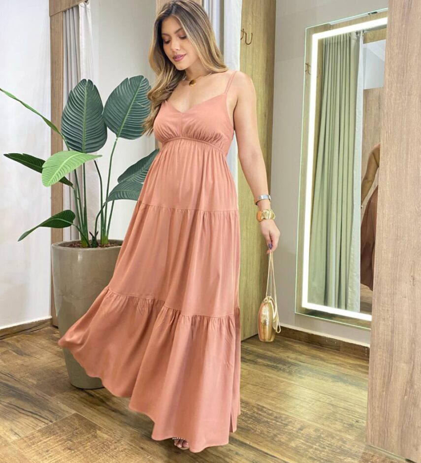 Vestido Feminino Longo Serena sem Bojo Alça Regulável Bege - Fernanda Ramos Store