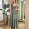 Vestido Feminino Longo Serena sem Bojo Alça Regulável Verde Militar - Fernanda Ramos Store