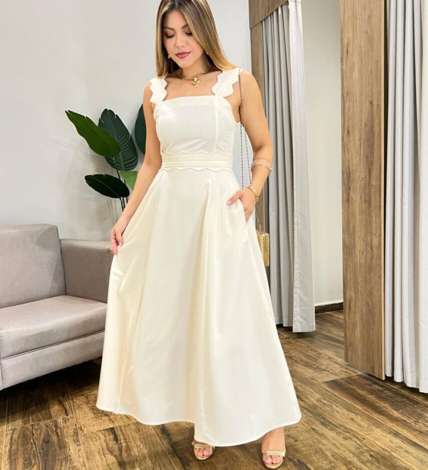 Vestido Longo Bahamas sem Bojo Detalhe nas Alças com Cinto Gelo - Fernanda Ramos Store