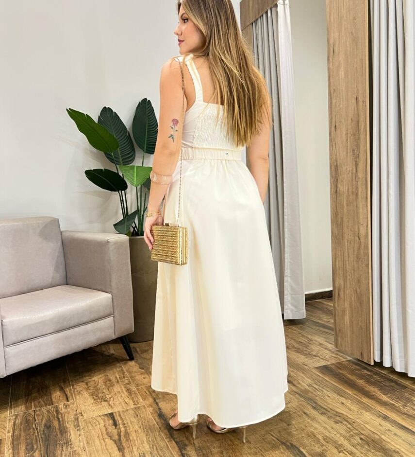 Vestido Longo Bahamas sem Bojo Detalhe nas Alças com Cinto Gelo - Fernanda Ramos Store