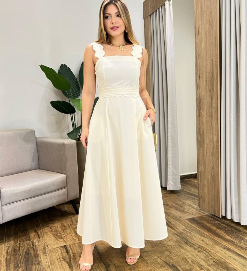 Vestido Longo Bahamas sem Bojo Detalhe nas Alças com Cinto Gelo - Fernanda Ramos Store