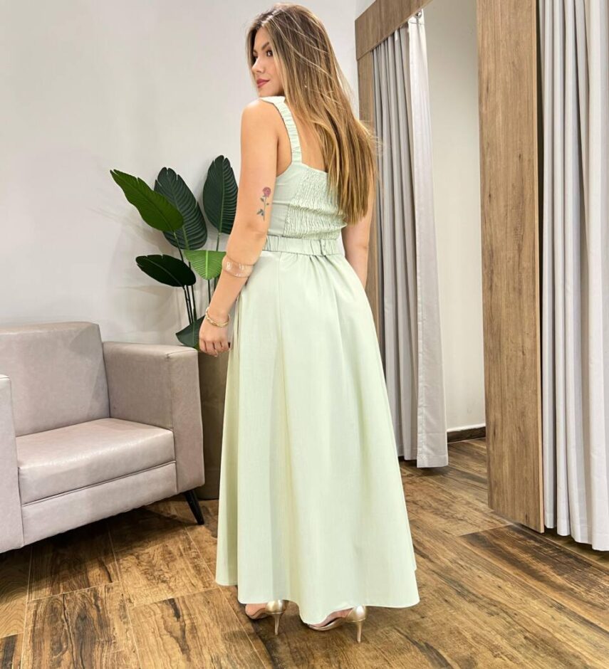 Vestido Longo Bahamas sem Bojo Detalhe nas Alças com Cinto Verde - Fernanda Ramos Store