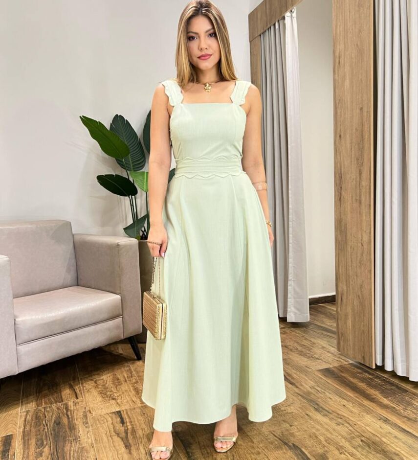 Vestido Longo Bahamas sem Bojo Detalhe nas Alças com Cinto Verde - Fernanda Ramos Store