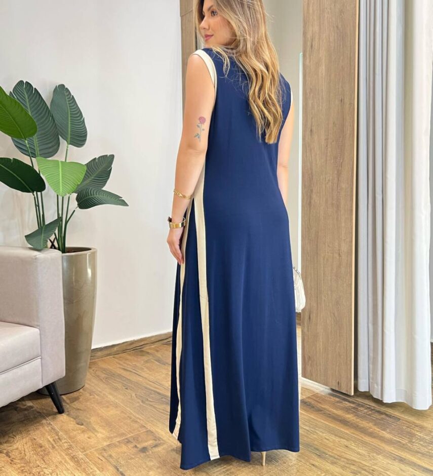 Vestido Longo Eliza Malha sem Bojo Detalhe em Fenda Azul Royal - Fernanda Ramos Store