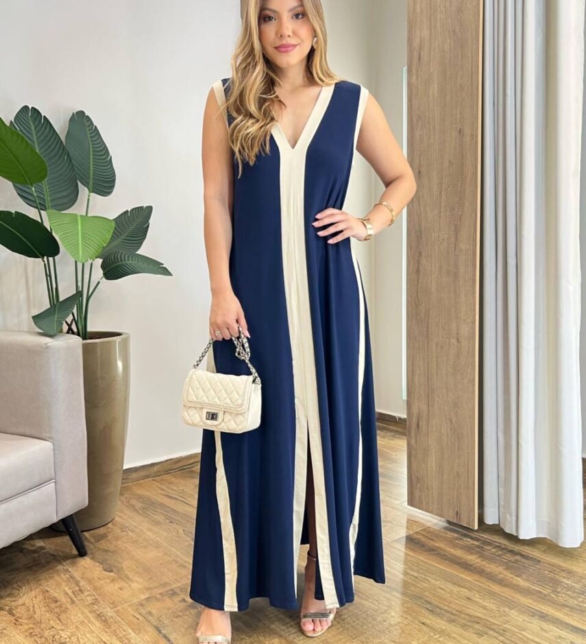 Vestido Longo Eliza Malha sem Bojo Detalhe em Fenda Azul Royal - Fernanda Ramos Store