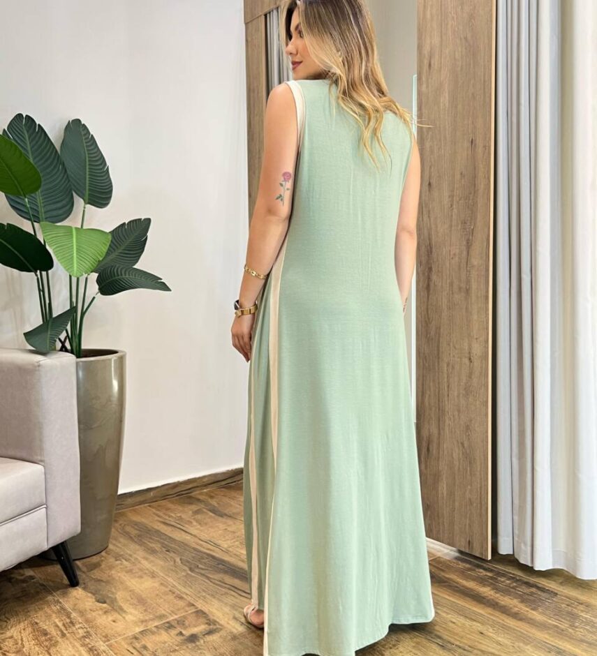 Vestido Longo Eliza Malha sem Bojo Detalhe em Fenda Verde Claro - Fernanda Ramos Store