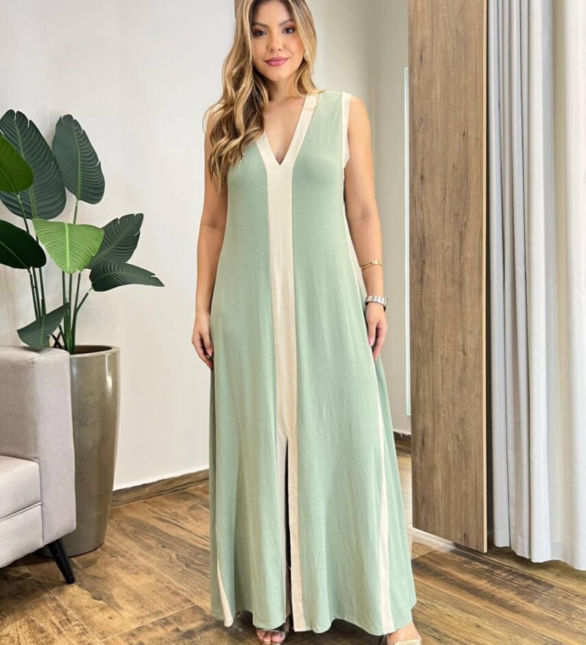 Vestido Longo Eliza Malha sem Bojo Detalhe em Fenda Verde Claro - Fernanda Ramos Store