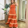 Vestido Longo Feminino sem Bojo TerraCota com Detalhe Bege - Fernanda Ramos Store