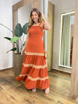 Vestido Longo Feminino sem Bojo TerraCota com Detalhe Bege - Fernanda Ramos Store