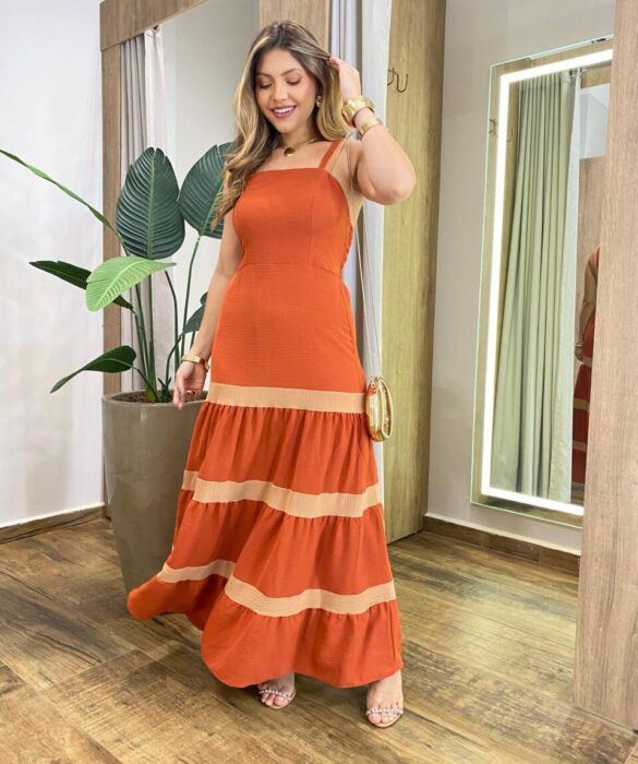 Vestido Longo Feminino sem Bojo TerraCota com Detalhe Bege - Fernanda Ramos Store