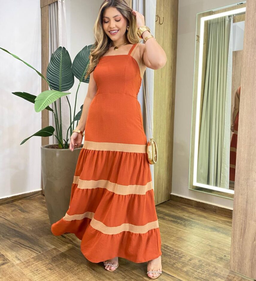Vestido Longo Feminino sem Bojo TerraCota com Detalhe Bege - Fernanda Ramos Store