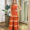 Vestido Longo Feminino sem Bojo TerraCota com Detalhe Bege - Fernanda Ramos Store