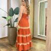 Vestido Longo Feminino sem Bojo TerraCota com Detalhe Bege - Fernanda Ramos Store