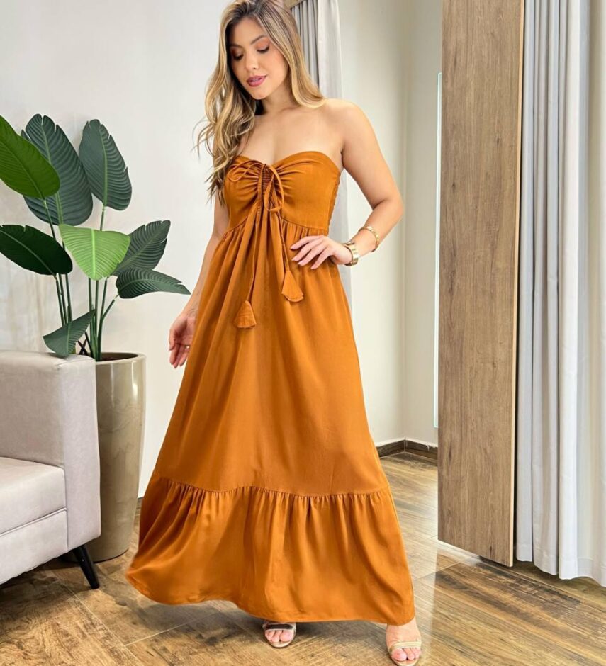 Vestido Longo Luma sem Bojo Detalhe e Amarração Caramelo - Fernanda Ramos Store