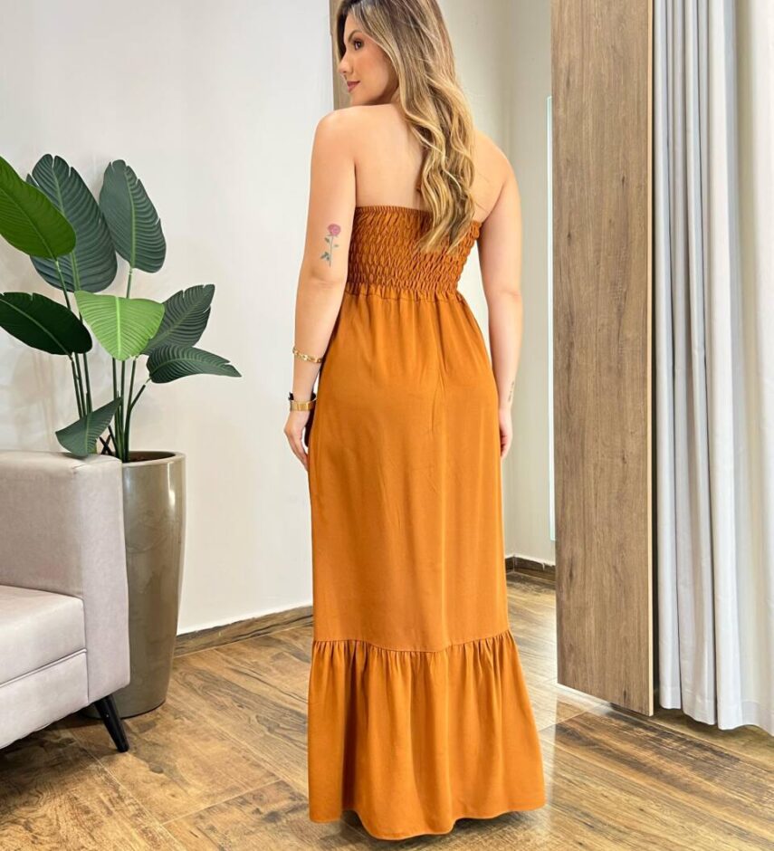 Vestido Longo Luma sem Bojo Detalhe e Amarração Caramelo - Fernanda Ramos Store