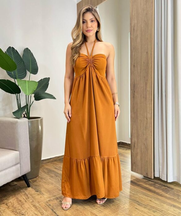 Vestido Longo Luma sem Bojo Detalhe e Amarração Caramelo - Fernanda Ramos Store