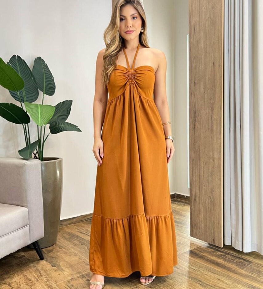 Vestido Longo Luma sem Bojo Detalhe e Amarração Caramelo - Fernanda Ramos Store