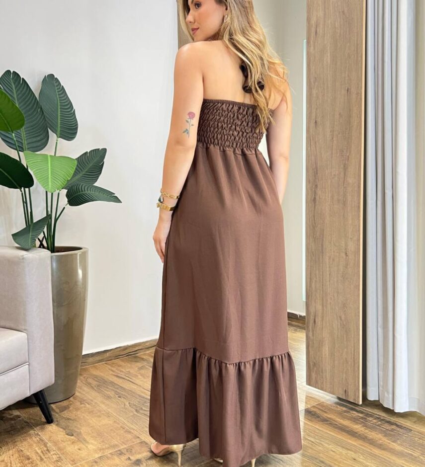 Vestido Longo Luma sem Bojo Detalhe e Amarração Marrom - Fernanda Ramos Store