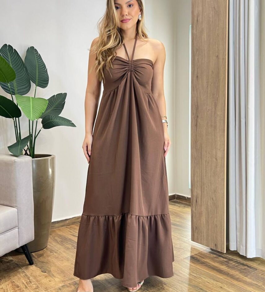 Vestido Longo Luma sem Bojo Detalhe e Amarração Marrom - Fernanda Ramos Store