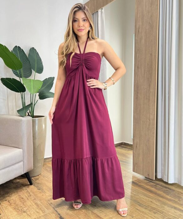 Vestido Longo Luma sem Bojo Detalhe e Amarração Marsala - Fernanda Ramos Store