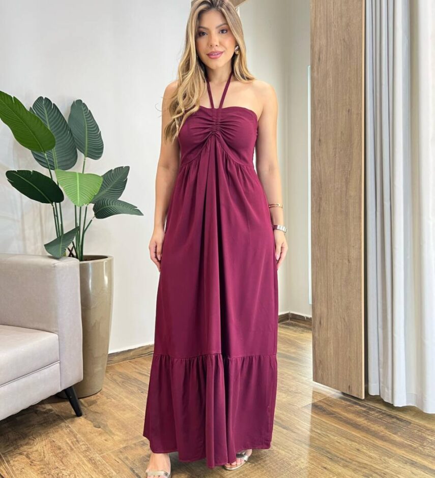 Vestido Longo Luma sem Bojo Detalhe e Amarração Marsala - Fernanda Ramos Store