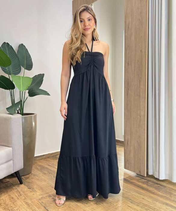 Vestido Longo Luma sem Bojo Detalhe e Amarração Preto - Fernanda Ramos Store