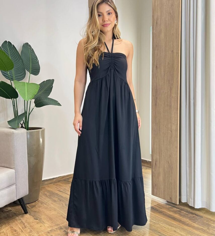 Vestido Longo Luma sem Bojo Detalhe e Amarração Preto - Fernanda Ramos Store