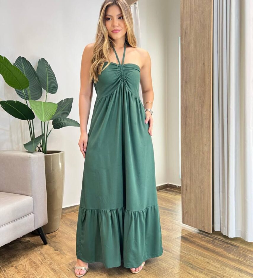 Vestido Longo Luma sem Bojo Detalhe e Amarração Verde - Fernanda Ramos Store