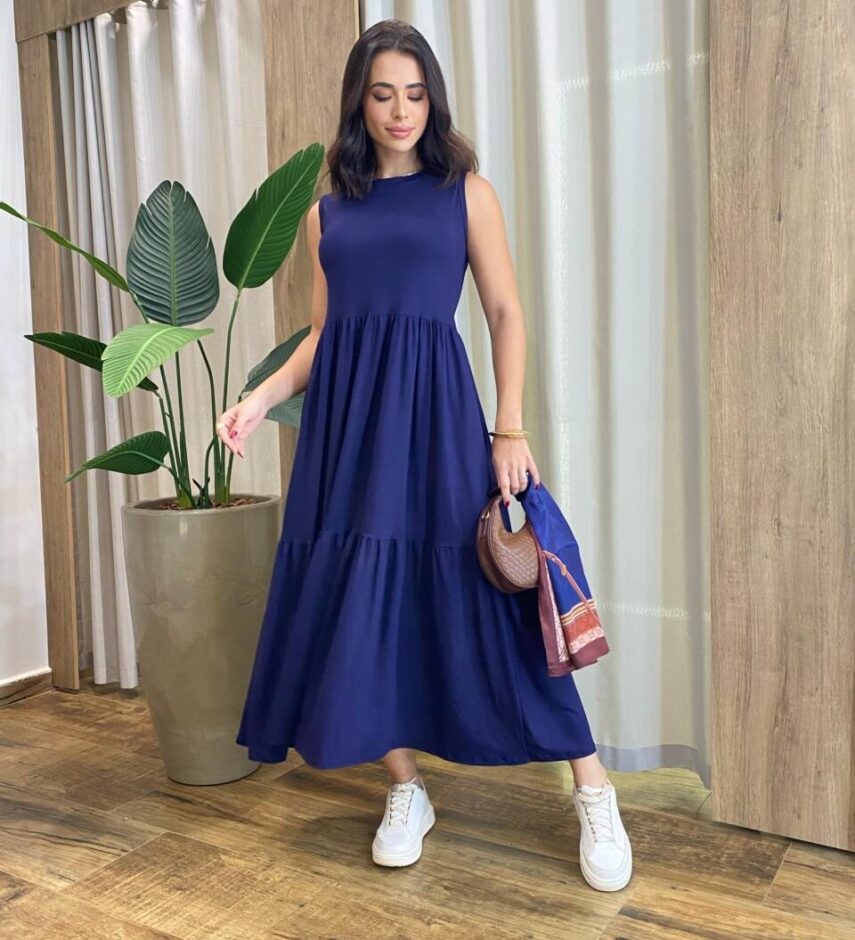Vestido Longo Niky sem Bojo Malha Azul Marinho - Fernanda Ramos Store