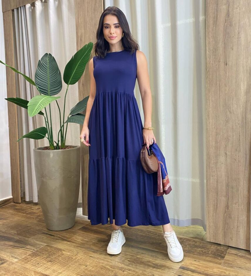Vestido Longo Niky sem Bojo Malha Azul Marinho - Fernanda Ramos Store