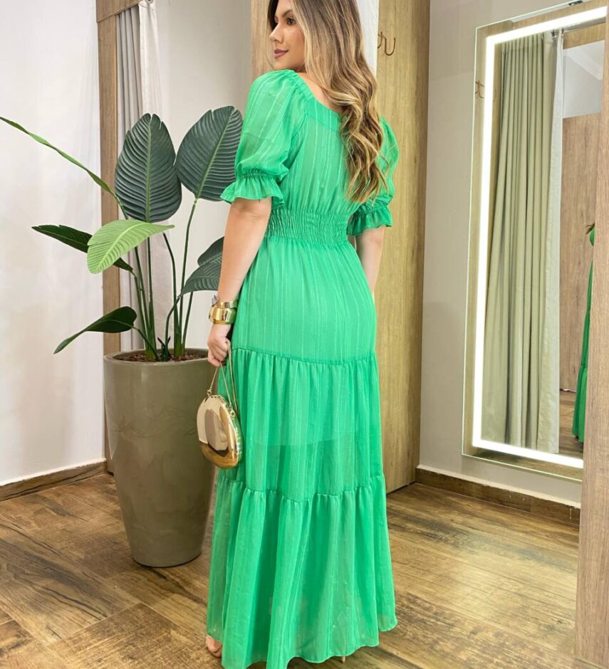 Vestido Longo sem Bojo Manga Curta Detalhe em Brilho Verde - Fernanda Ramos Store