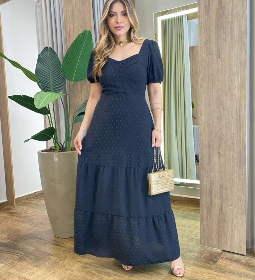 Vestido Longo sem Bojo Manga Curta Pipoquinha Preto - Fernanda Ramos Store