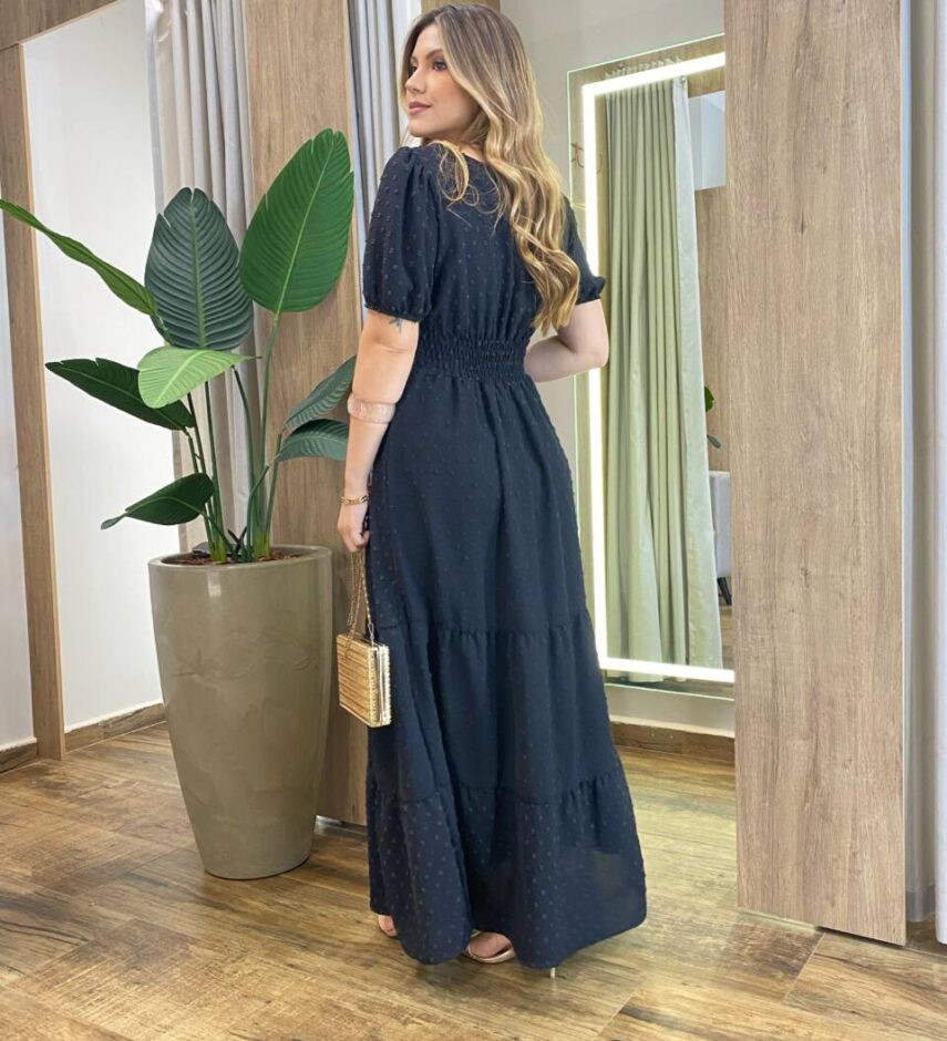 Vestido Longo sem Bojo Manga Curta Pipoquinha Preto - Fernanda Ramos Store