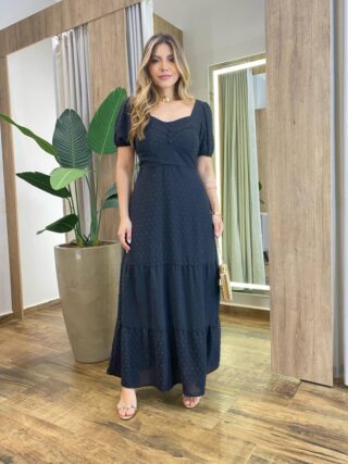 Vestido Longo sem Bojo Manga Curta Pipoquinha Preto - Fernanda Ramos Store