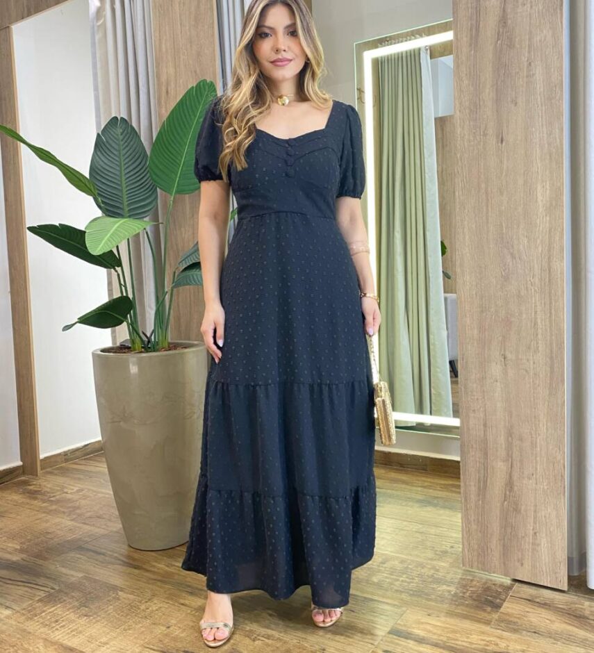 Vestido Longo sem Bojo Manga Curta Pipoquinha Preto - Fernanda Ramos Store